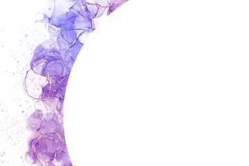 アルコールインクアートの白背景抽象フレーム）紫のマーブル柄の流動体と金色グリッターの装飾