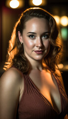 Fototapeta premium Beautiful female model with a chic haircut wearing a coctail dress
