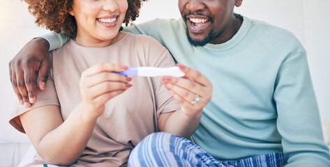 Couple, happy and pregnancy test, smile and excited for good news, positive and results in their house. Hands, woman and man with home testing kit, pregnant and fertility or ivf success while hugging - obrazy, fototapety, plakaty