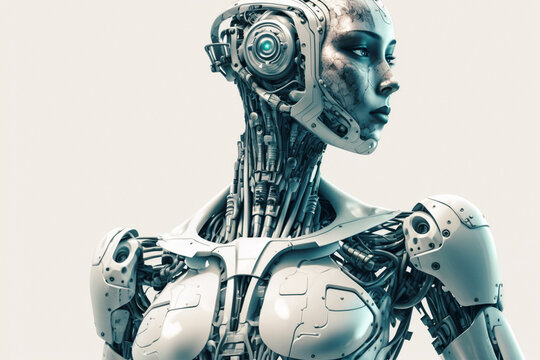 Futuristischer, humanoider Roboter mit weiblichem Gesicht, generative KI