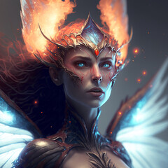A badass looking fairy made of the elements of fire and ice with high detail and contrast on the face and body octane render sweet and elegant ready for battle godly