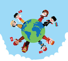 cartoons national characters on earth, multiculturalism, traditional folk costumes.Different cultures stand