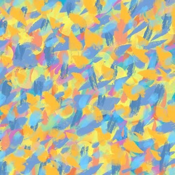 油絵抽象正方形アート背景）青・オレンジ・ピンクのカラフルでフレッシュな筆跡。元気でにぎやか © Queso