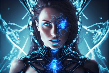 Fururistic cyber woman with blue glowing semiconductors, Generative AI - 580045205
