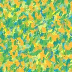 Fototapeta na wymiar 油絵抽象正方形アート背景）緑・オレンジ・黄色のカラフルでフレッシュな筆跡。元気でにぎやか
