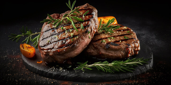 Tender and juicy beef steak, expertly prepared and presented on a dark background for a mouth-watering appeal