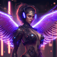 A beautiful cyberpunk valkyrie, mechanical wings, posed, neon light, bright eyes