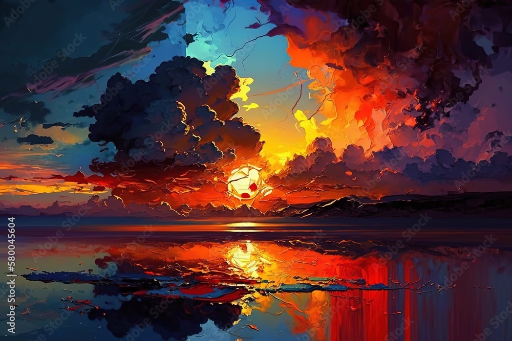 Poster beautiful setting of the bright sun in the sky with fluffy clouds over the lake. generative ai