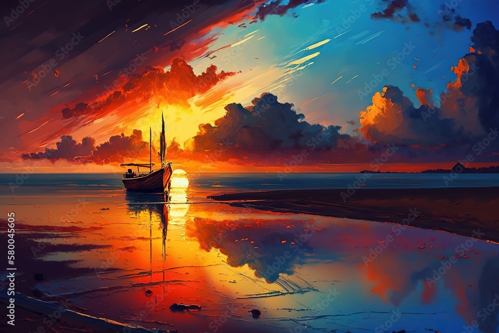Aufkleber beautiful setting of the bright sun in the sky with fluffy clouds over the lake with a boat. generat