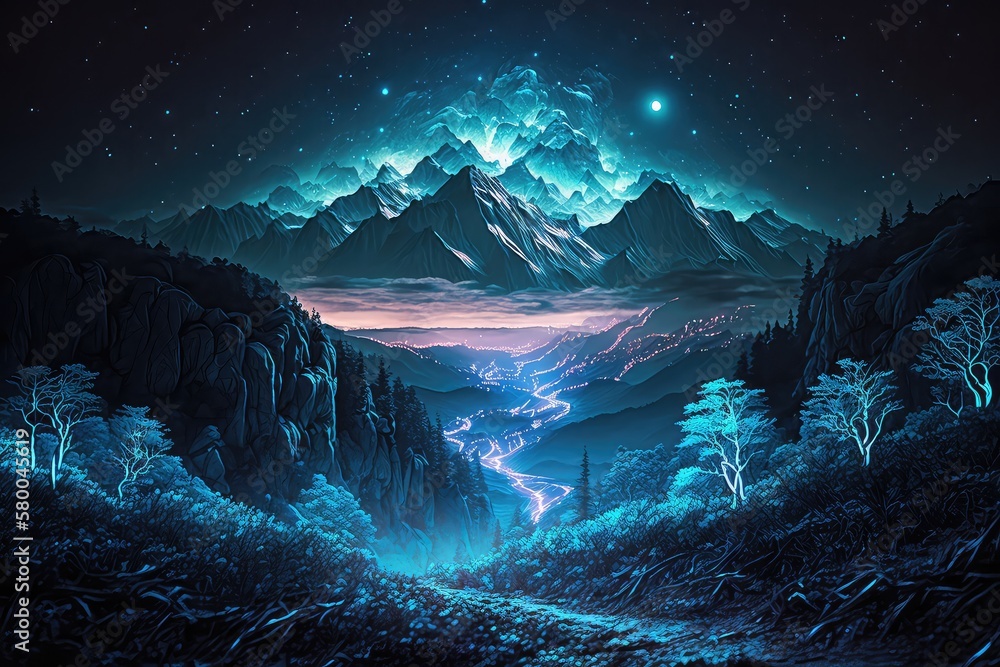 Canvas Prints Neon mountains, fantastic illumination. Generative AI