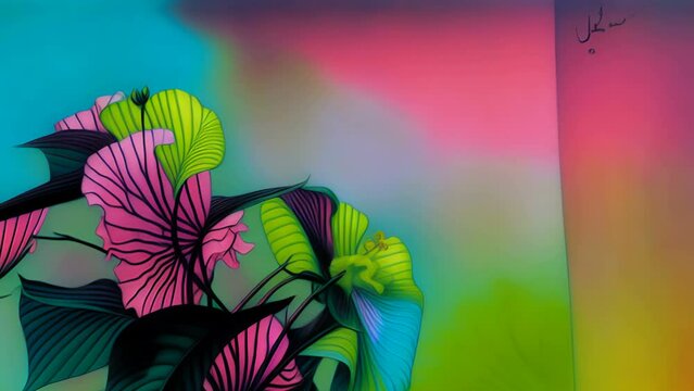 Generative ai motion animation of vintage oil painting of tropical flowers and hibiscus. Digital image painted manipulation impressionism style of jungle birds.