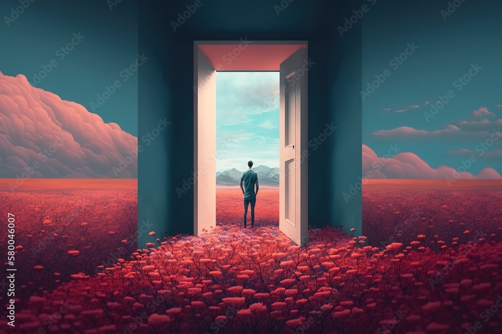 Poster the silhouette of a person against the background of an open door in a green field. generative ai