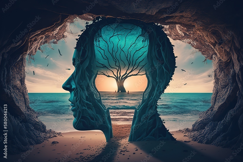 Aufkleber the head of a man with a tree inside against the backdrop of the seashore. generative ai