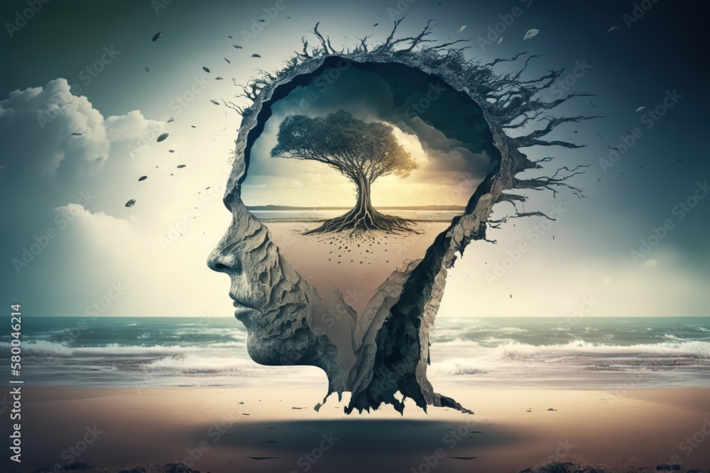 Aufkleber the head of a man with a tree inside against the backdrop of the seashore. generative ai