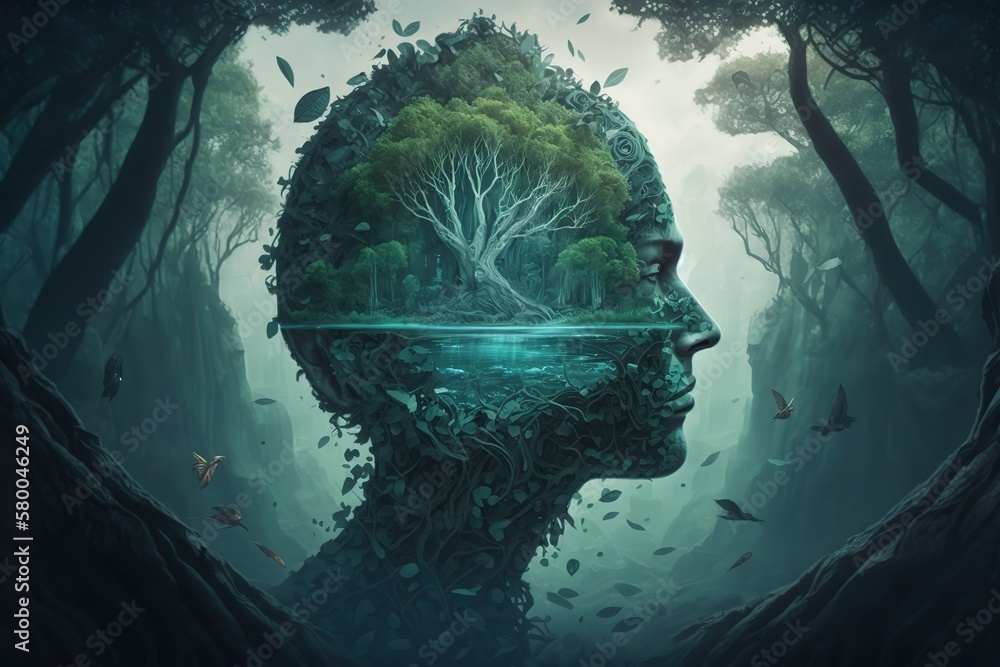 Aufkleber an image of a green head of a man and a tree inside against the backdrop of nature. generative ai