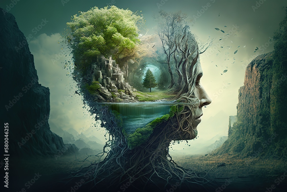 Aufkleber an image of a green head of a man and a tree inside against the backdrop of nature. generative ai