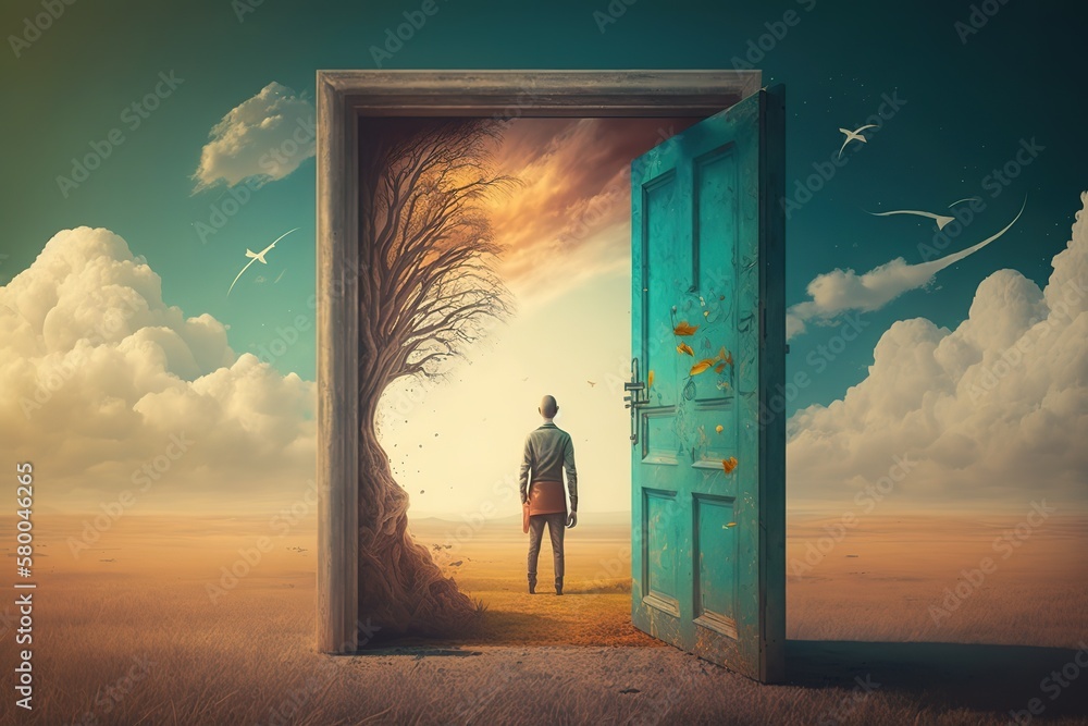 Poster the desert and the open door for man to another world. generative ai