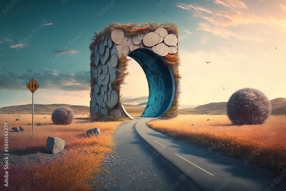Poster the road going through the tunnel among the empty field. generative ai