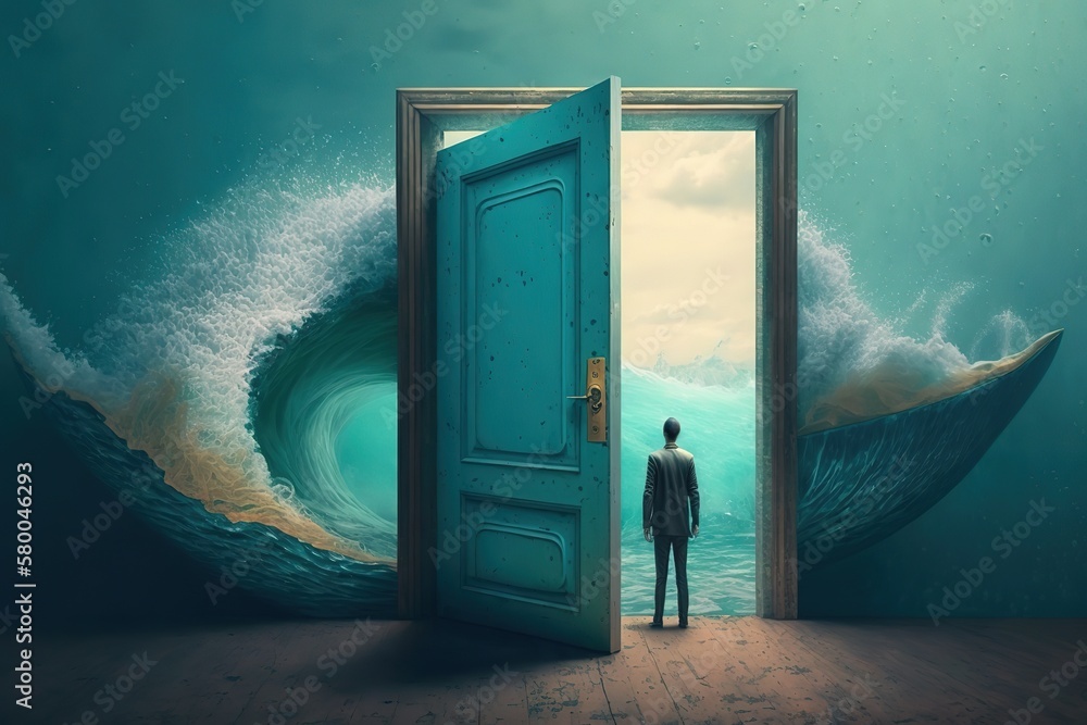 Aufkleber the bottom of the ocean, waves and an open door in front of a man. generative ai