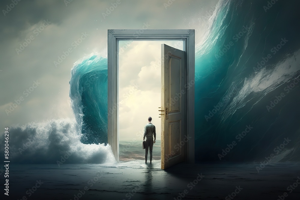Aufkleber the bottom of the ocean, waves and an open door in front of a man. generative ai