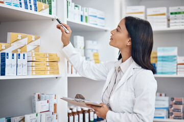 Pharmacy inventory check, Indian woman and checklist of medicine and pills. Pharmacist, stock work...