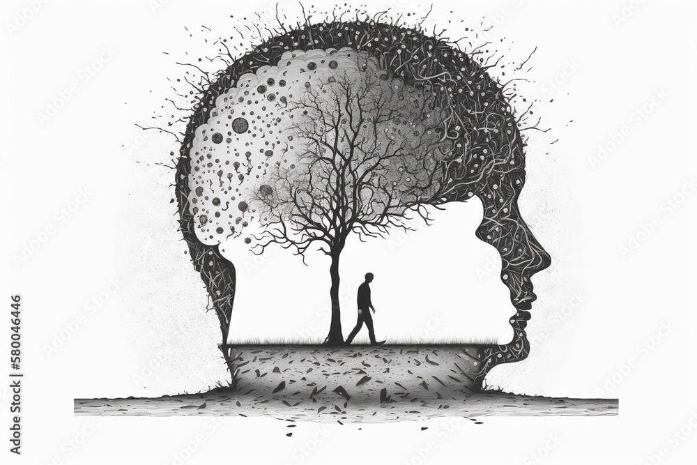 Aufkleber human head with a tree and a man inside it. generative ai