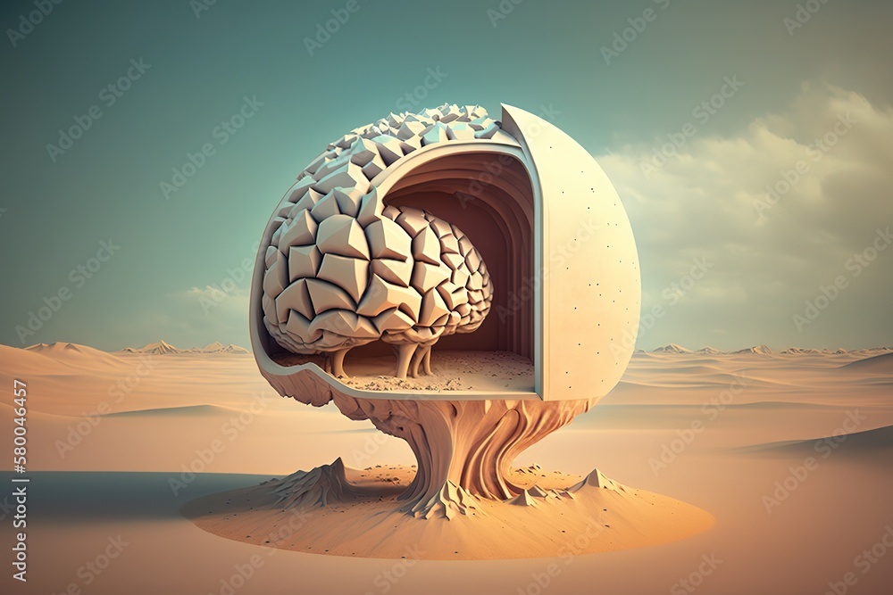 Aufkleber the human brain in the form of a stone statue on the background of the desert. generative ai