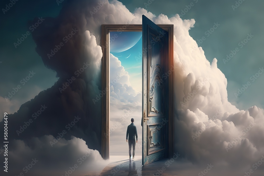 Aufkleber man and open door to heaven with white clouds. generative ai