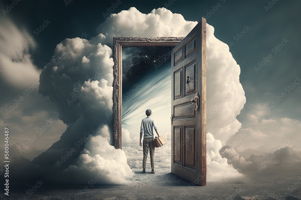 Aufkleber man and open door to heaven with white clouds. generative ai