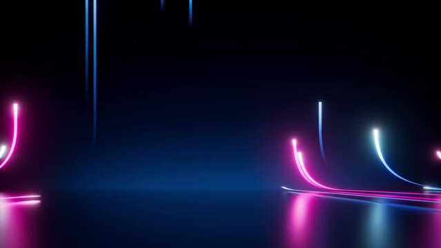 looped 3d animation, abstract background with pink and blue neon stripes lines or ribbons rise up and flow in the dark. Reflection on the floor