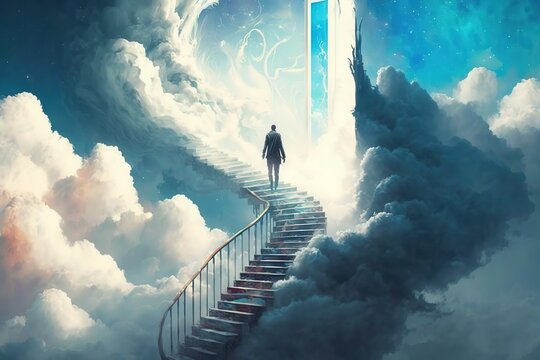 Man Walking Up The Stairs To Heaven. Generative AI