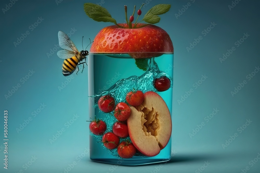 Poster illuminating drink made from fruits and berries in a wasp bottle. generative ai