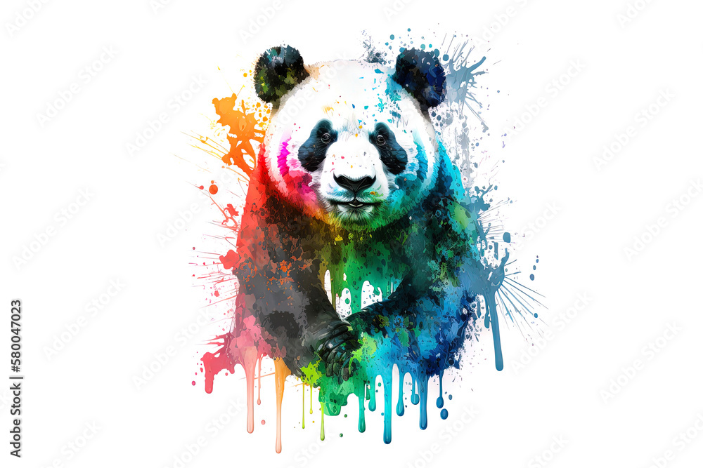 Poster panda is drawn with multi-colored watercolors isolated on a white background. generated by ai