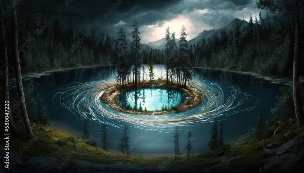 Poster A lake in the middle of a forest with a whirlpool.Generative AI