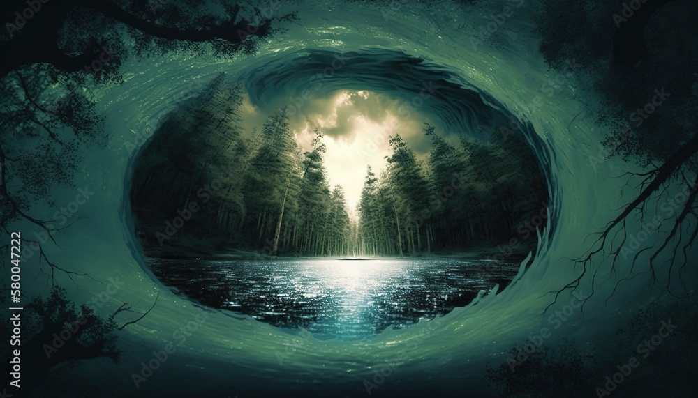 Aufkleber view of the lake and forest.generative ai