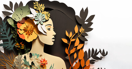 Paper cut art , Woman of different flower and plants. Generated AI 
