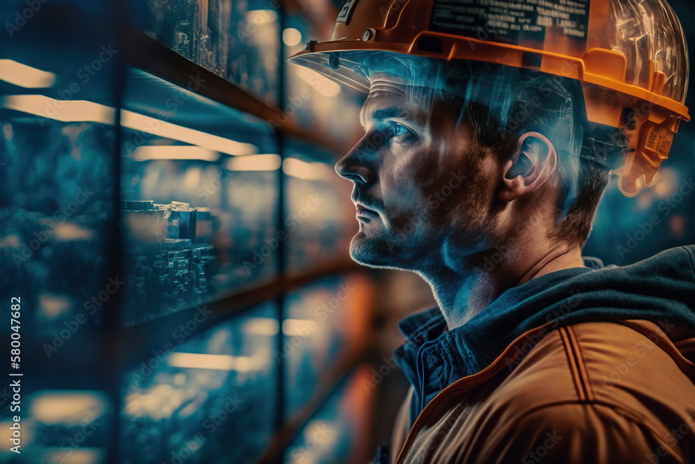 Poster technological engineer portrait ensuring high-quality and precise production quota on factory assemb
