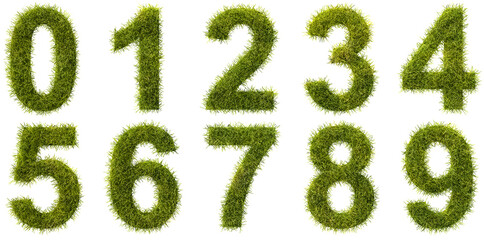Green grass digits 0 1 2 3 4 5 6 7 8 9 isolated on transparent background. See the other images for...