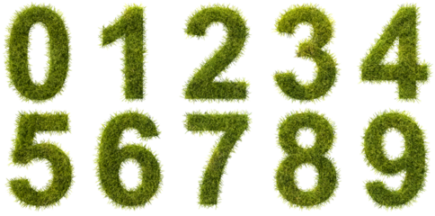 Green grass digits 0 1 2 3 4 5 6 7 8 9 isolated on transparent background. See the other images for letters.