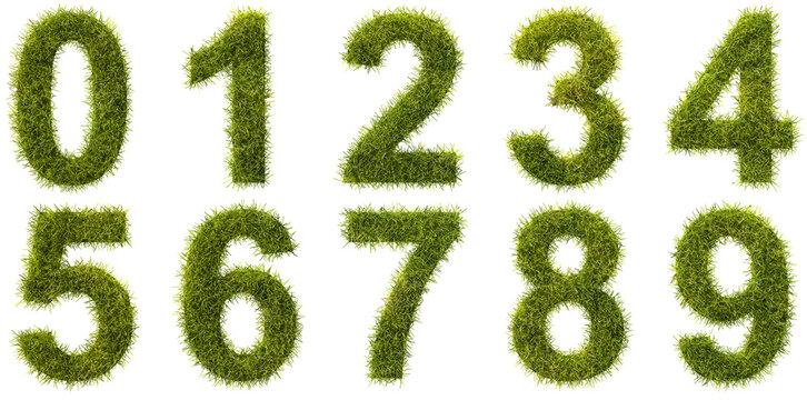 Green grass digits 0 1 2 3 4 5 6 7 8 9 isolated on transparent background. See the other images for letters.