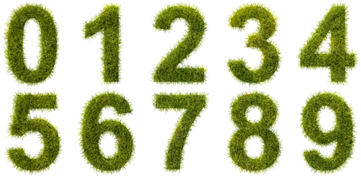 Green grass digits 0 1 2 3 4 5 6 7 8 9 isolated on transparent background. See the other images for letters. - Powered by Adobe