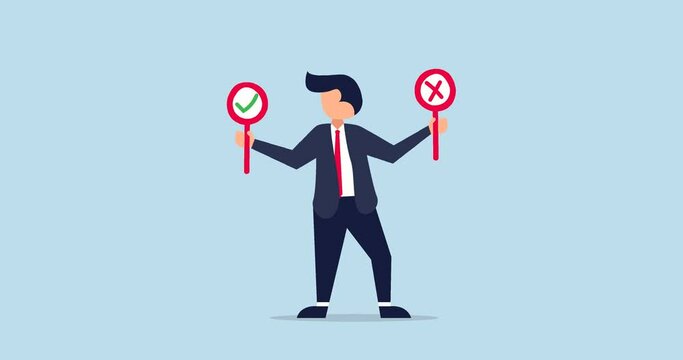 4k flat Business decision right or wrong animation, thoughtful businessman holding right or wrong of left and right hand while making decision.