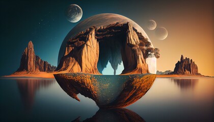 A surreal scene of a planet with floating islands and bizarre rock formations. Generative AI