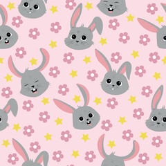 Seamless pattern with rabbit cartoons on pink background. Newborn seamless pattern, children print textile design. Vector illustration.