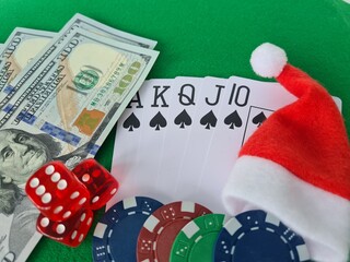 Christmas with poker chips New Year cards and dice