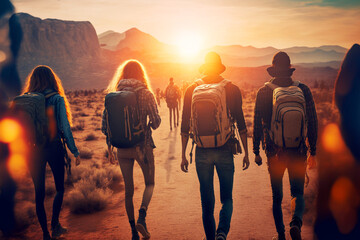 Group of friends walking with backpacks in sunset from back. Exploring nature. Adventure, travel, tourism, hike and people friendship concept. AI generated image.