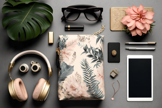 Fashion woman accessories. Stylish cosmetics, glasses and notebook, top view, flat lay. AI generated image.