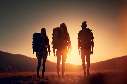 Group of friends walking with backpacks in sunset from back. Exploring nature. Adventure, travel, tourism, hike and people friendship concept. AI generated image.