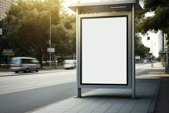 Blank billboard on a city bus station. Empty vertical light box, advertising mockup, clear poster in urban city scene. AI generated image.
