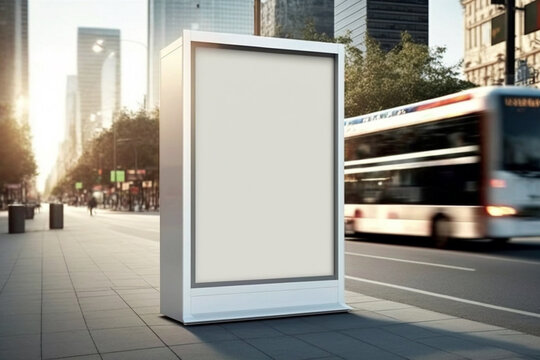Blank billboard on a city bus station. Empty vertical light box, advertising mockup, clear poster in urban city scene. AI generated image.